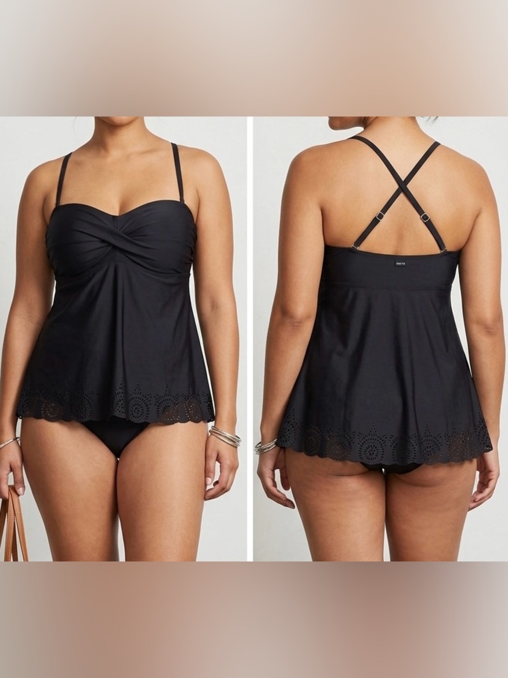 Plus-Size Black Eyelet-Hem Tankini Top